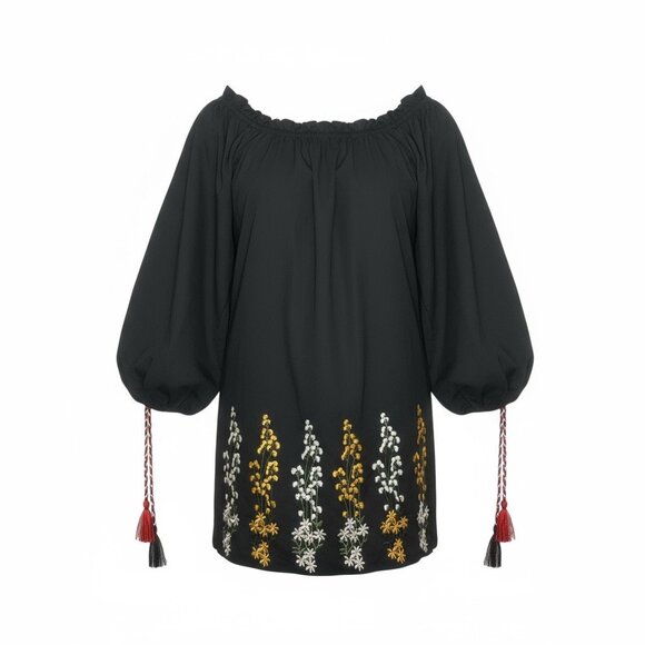 Black Embroidered Dress w Tied Bishop Sleeves - Picture 1 of 6